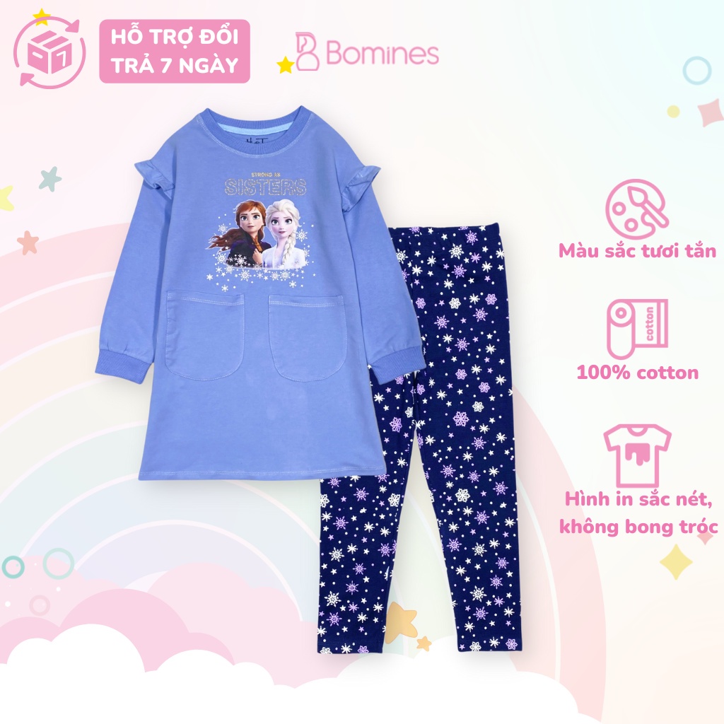 Đồ bộ bé gái công chúa Elsa BOMINES, giữ ấm mùa đông, chất thun da cá cho bé 3- 10 tuổi, 12- 30kg DBDCBGELSA2TUI