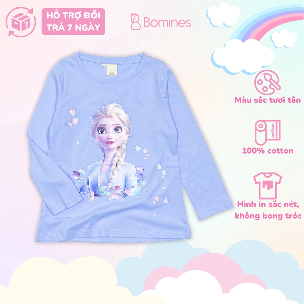 Áo bé gái dài tay công chúa Elsa BOMINES, thun cotton thoáng mát mùa hè cho bé 3-10 tuổi, 12- 30kg ATDBG2CELSA