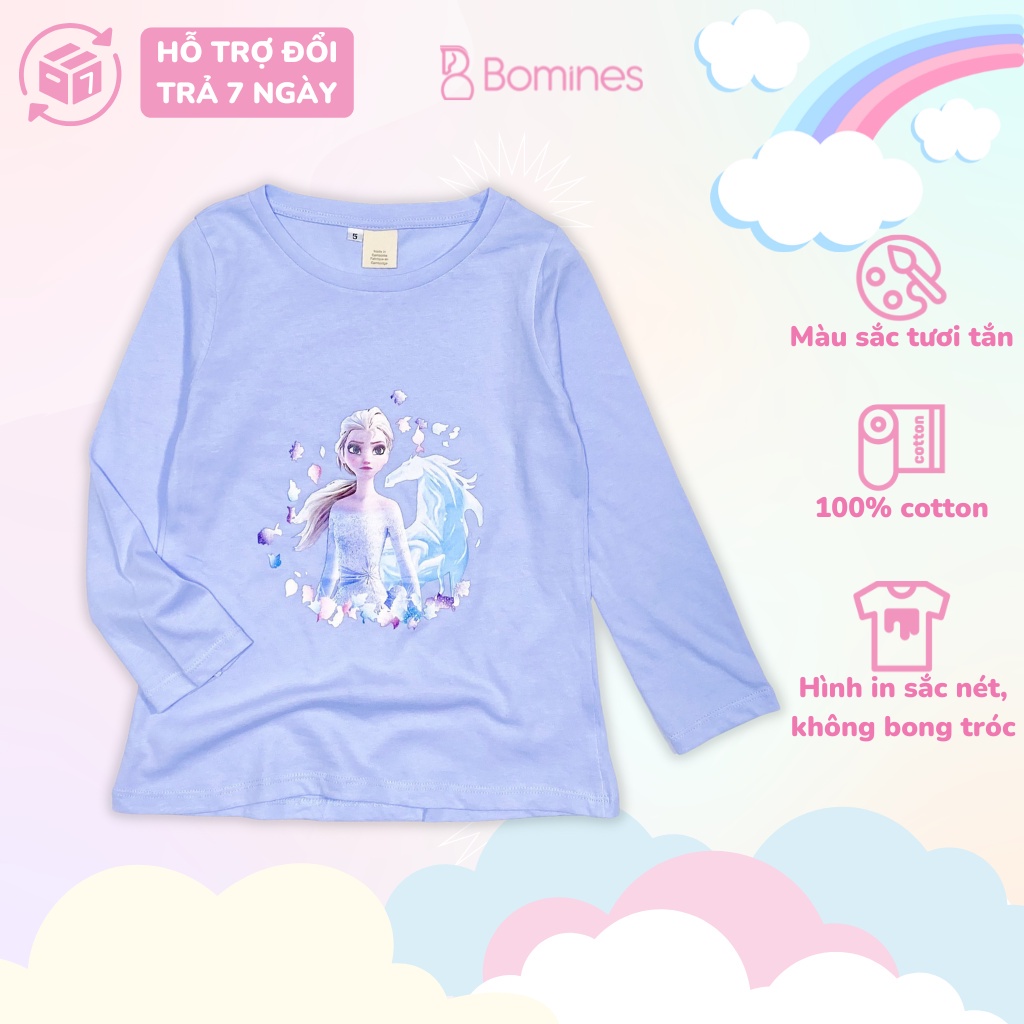Áo bé gái dài tay công chúa Elsa BOMINES, thun cotton thoáng mát mùa hè cho bé 3-10 tuổi, 12- 30kg ATDBG2CELSA