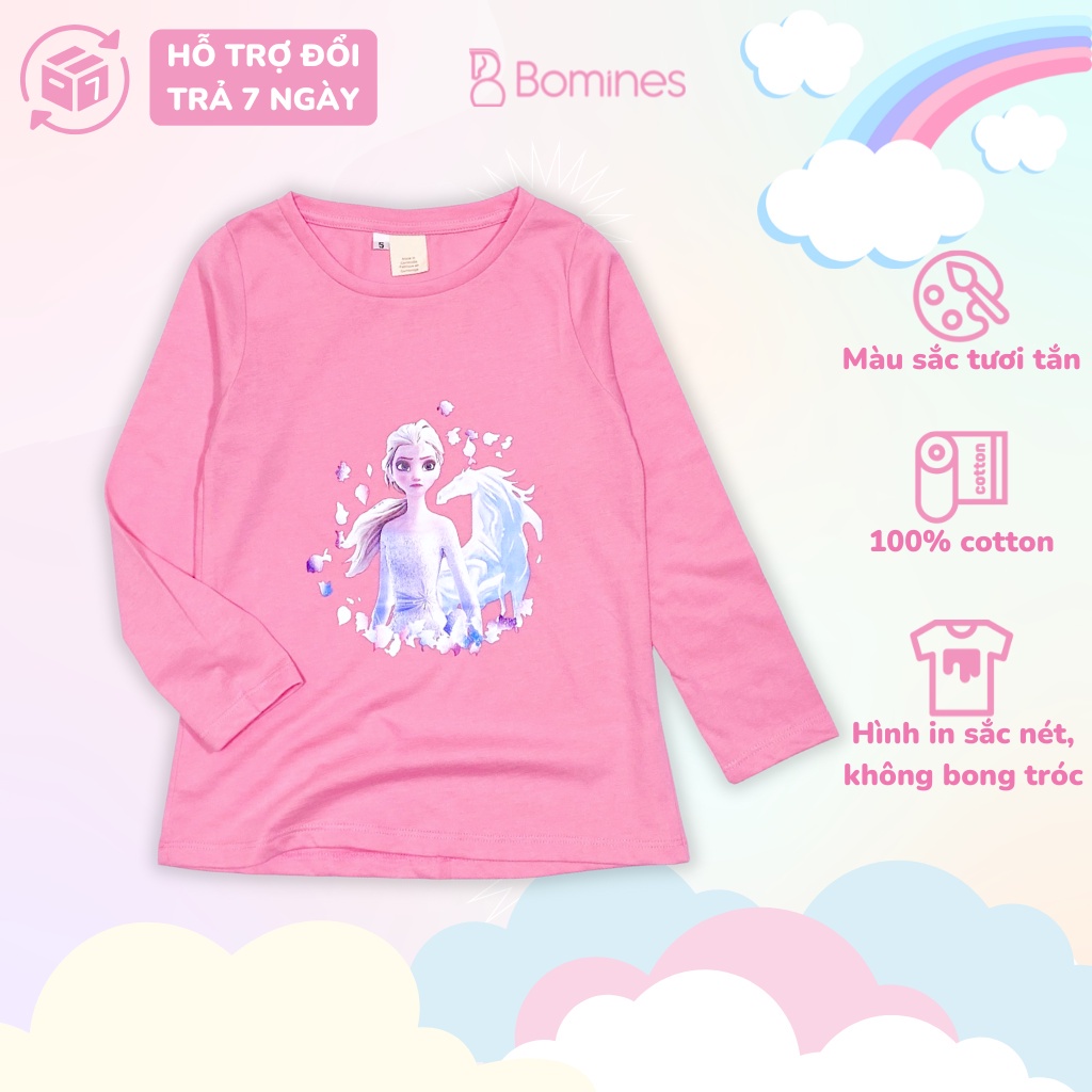 Áo bé gái dài tay công chúa Elsa BOMINES, thun cotton thoáng mát mùa hè cho bé 3-10 tuổi, 12- 30kg ATDBG2CELSA