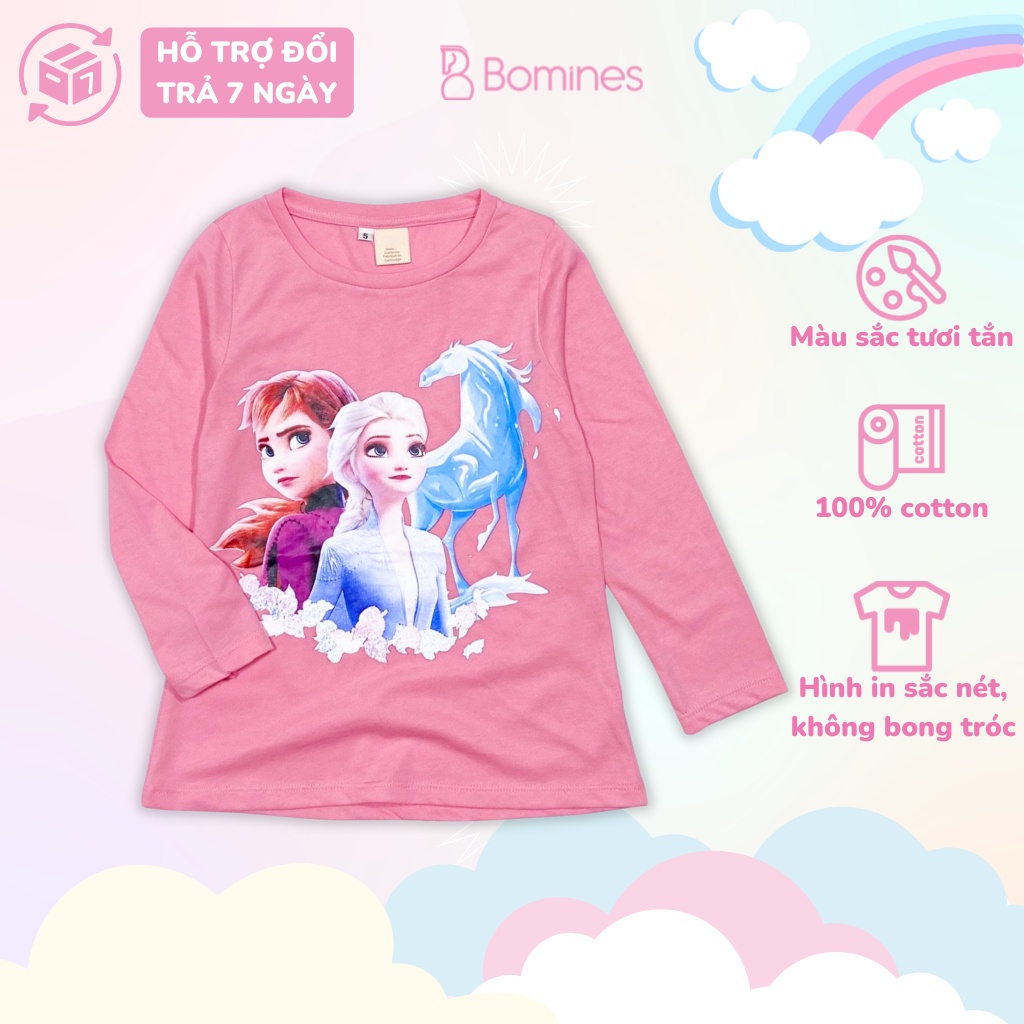 Áo bé gái dài tay công chúa Elsa BOMINES, thun cotton thoáng mát mùa hè cho bé 3-10 tuổi, 12- 30kg ATDBG2CELSA