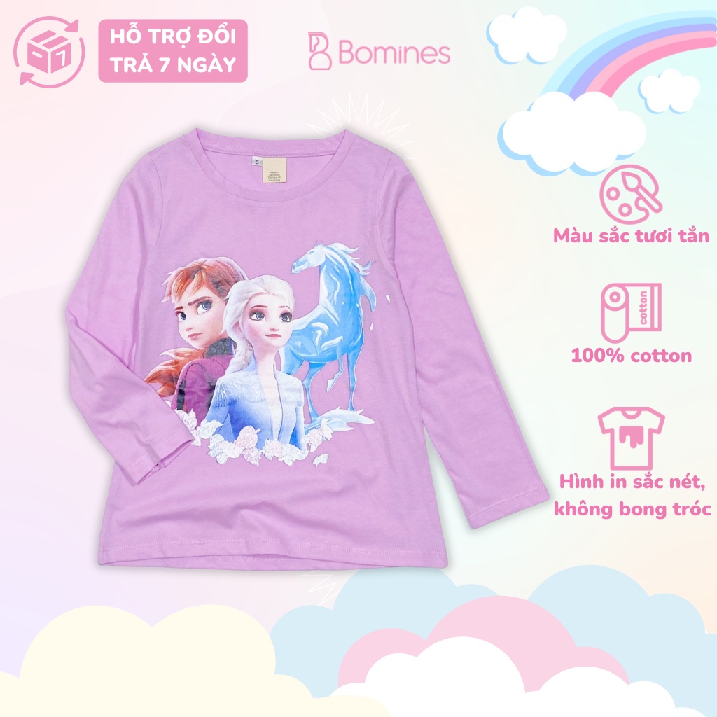 Áo bé gái dài tay công chúa Elsa BOMINES, thun cotton thoáng mát mùa hè cho bé 3-10 tuổi, 12- 30kg ATDBG2CELSA