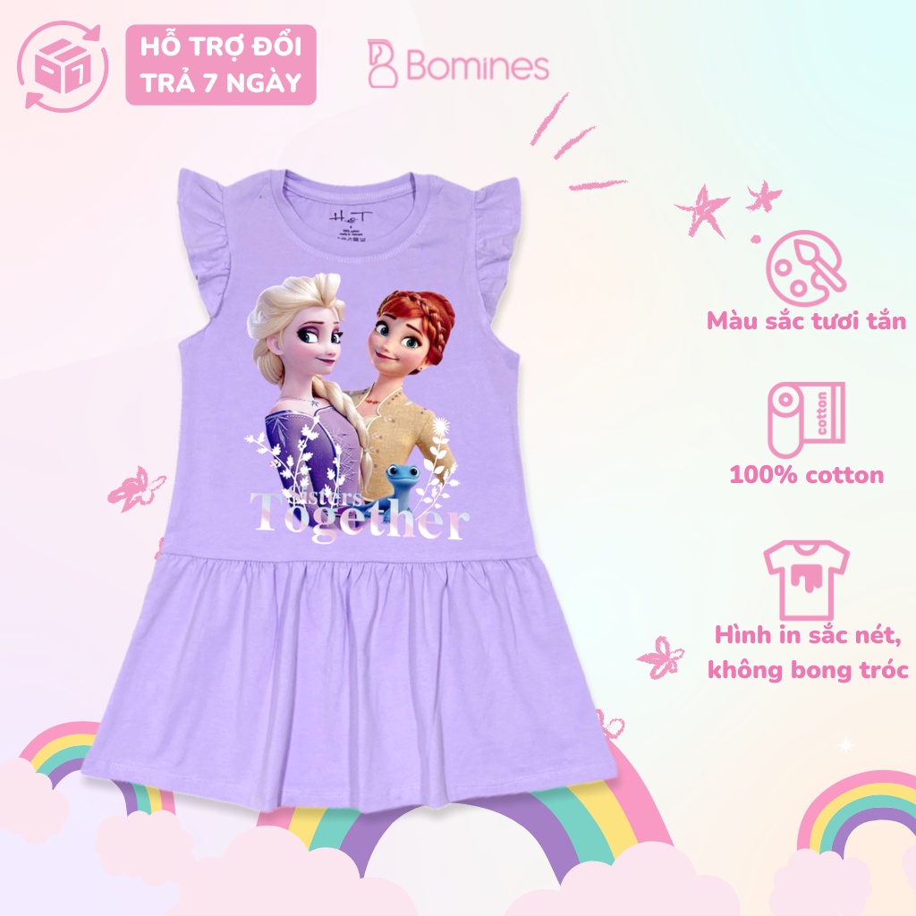 Váy bé gái công chúa Elsa Anna BOMINES, đầm tay cánh tiên thun cotton cho bé 3- 10 tuổi, 12- 30kg DTNELSAANNACANHTIEN