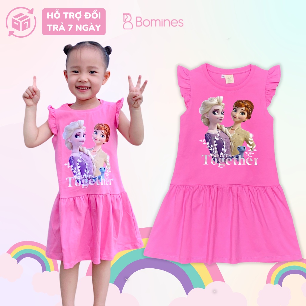 Váy bé gái công chúa Elsa Anna BOMINES, đầm tay cánh tiên thun cotton cho bé 3- 10 tuổi, 12- 30kg DTNELSAANNACANHTIEN