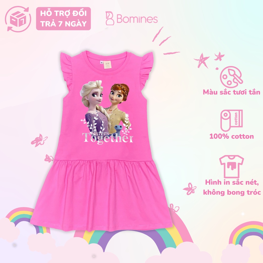 Váy bé gái công chúa Elsa Anna BOMINES, đầm tay cánh tiên thun cotton cho bé 3- 10 tuổi, 12- 30kg DTNELSAANNACANHTIEN