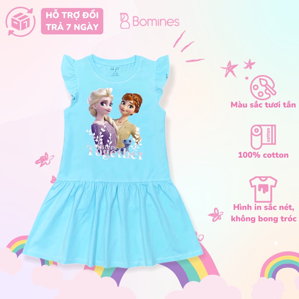 Váy bé gái công chúa Elsa Anna BOMINES, đầm tay cánh tiên thun cotton cho bé 3- 10 tuổi, 12- 30kg DTNELSAANNACANHTIEN