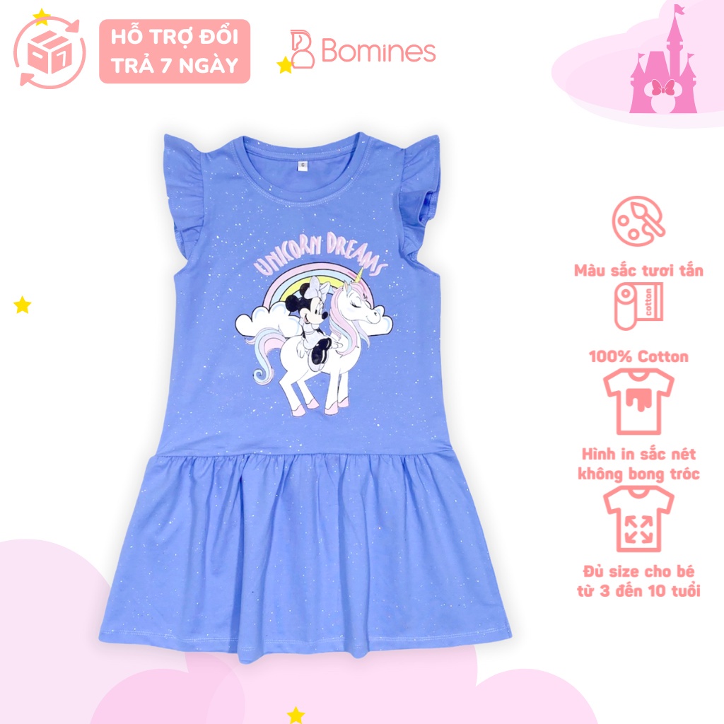 Váy bé gái Unicorn BOMINES, nhũ kim tuyến, tay cánh tiên thun cotton mát cho bé 3- 10 tuổi, 12- 30kg DTNMICKEYUNICORN