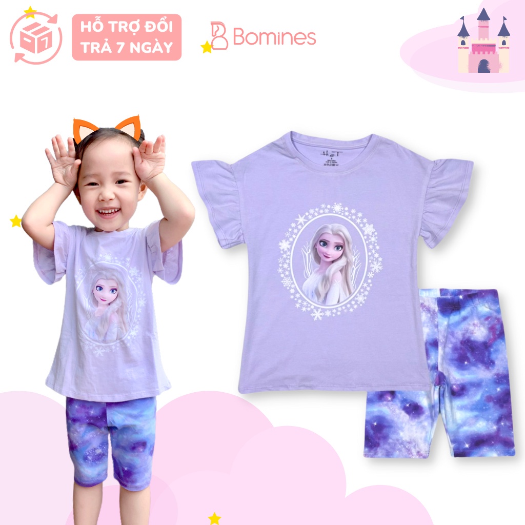 Đồ bộ bé gái công chúa Elsa BOMINES, thun cotton tay ngắn mát mẻ cho bé 3- 12 tuổi, 12- 30kg DBLBGELSATAYLOE