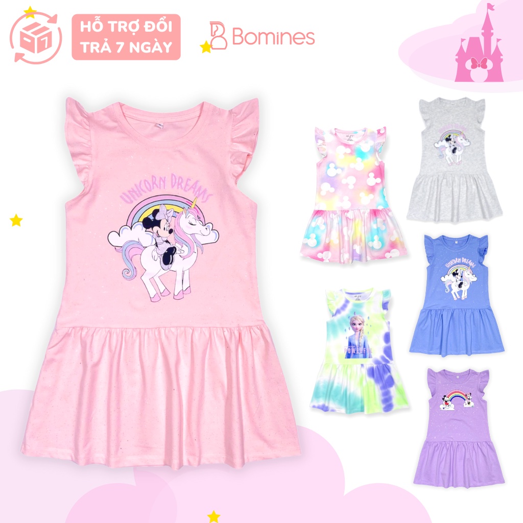 Váy bé gái Unicorn BOMINES, nhũ kim tuyến, tay cánh tiên thun cotton mát cho bé 3- 10 tuổi, 12- 30kg DTNMICKEYUNICORN