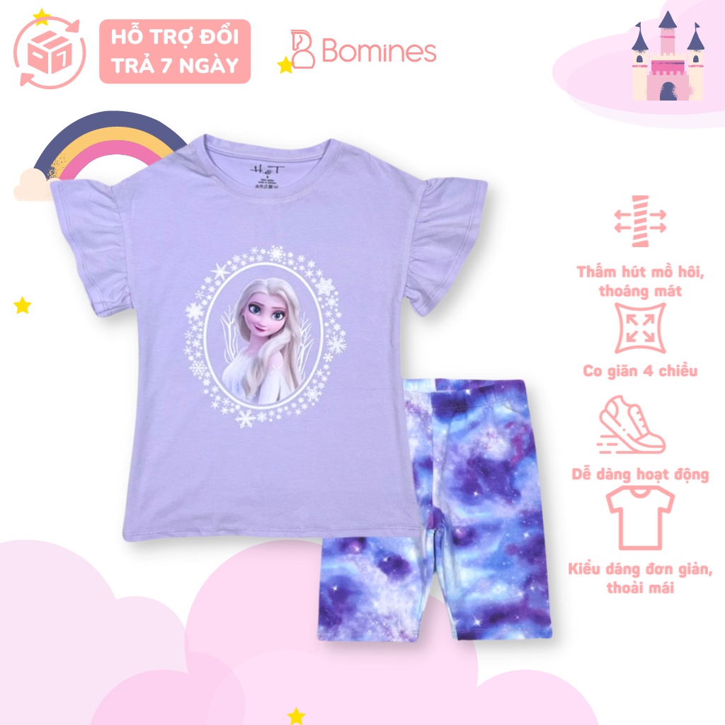Đồ bộ bé gái công chúa Elsa BOMINES, thun cotton tay ngắn mát mẻ cho bé 3- 12 tuổi, 12- 30kg DBLBGELSATAYLOE