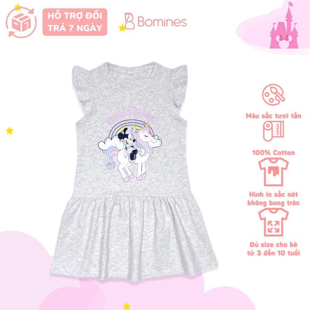 Váy bé gái Unicorn BOMINES, nhũ kim tuyến, tay cánh tiên thun cotton mát cho bé 3- 10 tuổi, 12- 30kg DTNMICKEYUNICORN