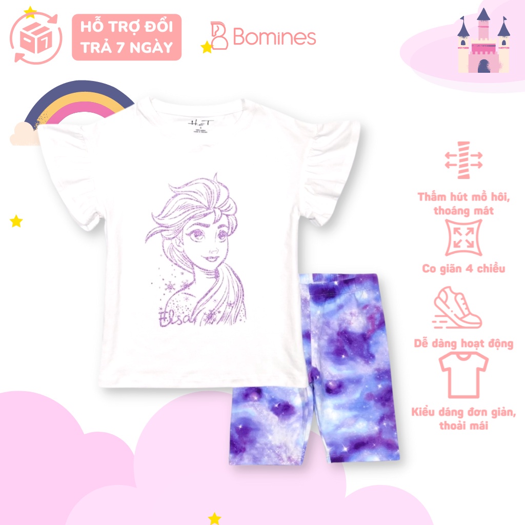 Đồ bộ bé gái công chúa Elsa BOMINES, thun cotton tay ngắn mát mẻ cho bé 3- 12 tuổi, 12- 30kg DBLBGELSATAYLOE
