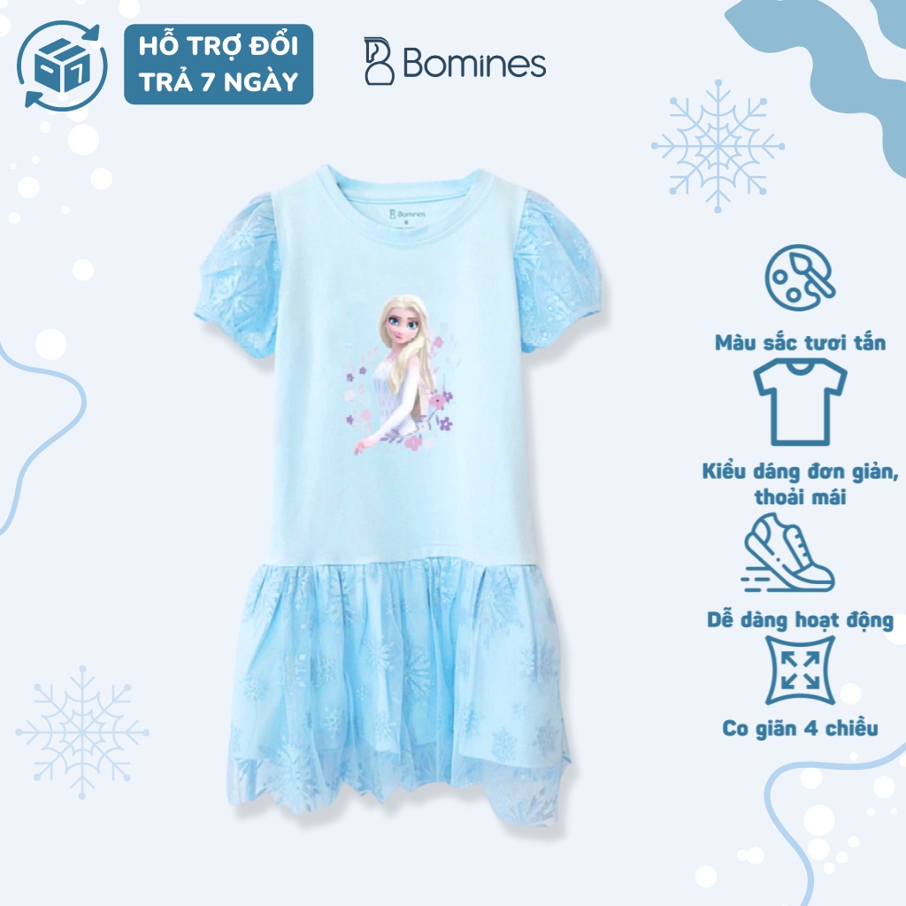 Váy bé gái công chúa Elsa BOMINES, thun cotton thoáng nhẹ cho bé 10- 28kg DTNELSALUOITAYPHONG