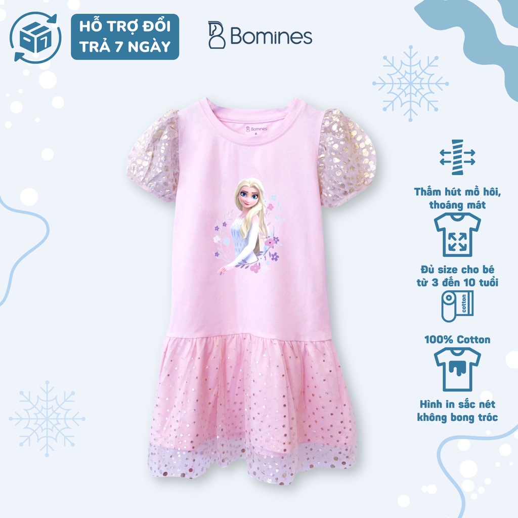 Váy bé gái công chúa Elsa BOMINES, thun cotton thoáng nhẹ cho bé 10- 28kg DTNELSALUOITAYPHONG