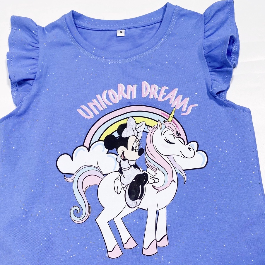 Váy bé gái Unicorn BOMINES, nhũ kim tuyến, tay cánh tiên thun cotton mát cho bé 3- 10 tuổi, 12- 30kg DTNMICKEYUNICORN