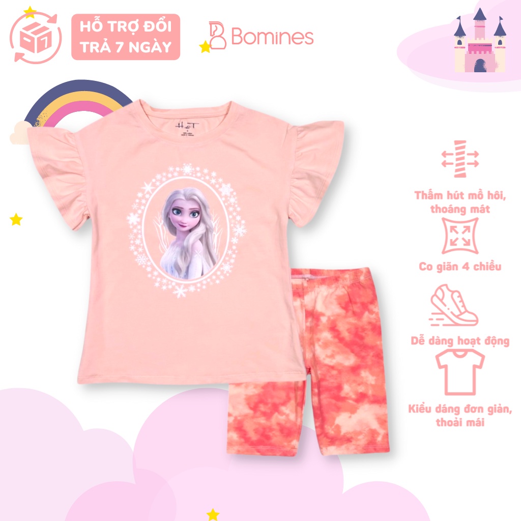 Đồ bộ bé gái công chúa Elsa BOMINES, thun cotton tay ngắn mát mẻ cho bé 3- 12 tuổi, 12- 30kg DBLBGELSATAYLOE