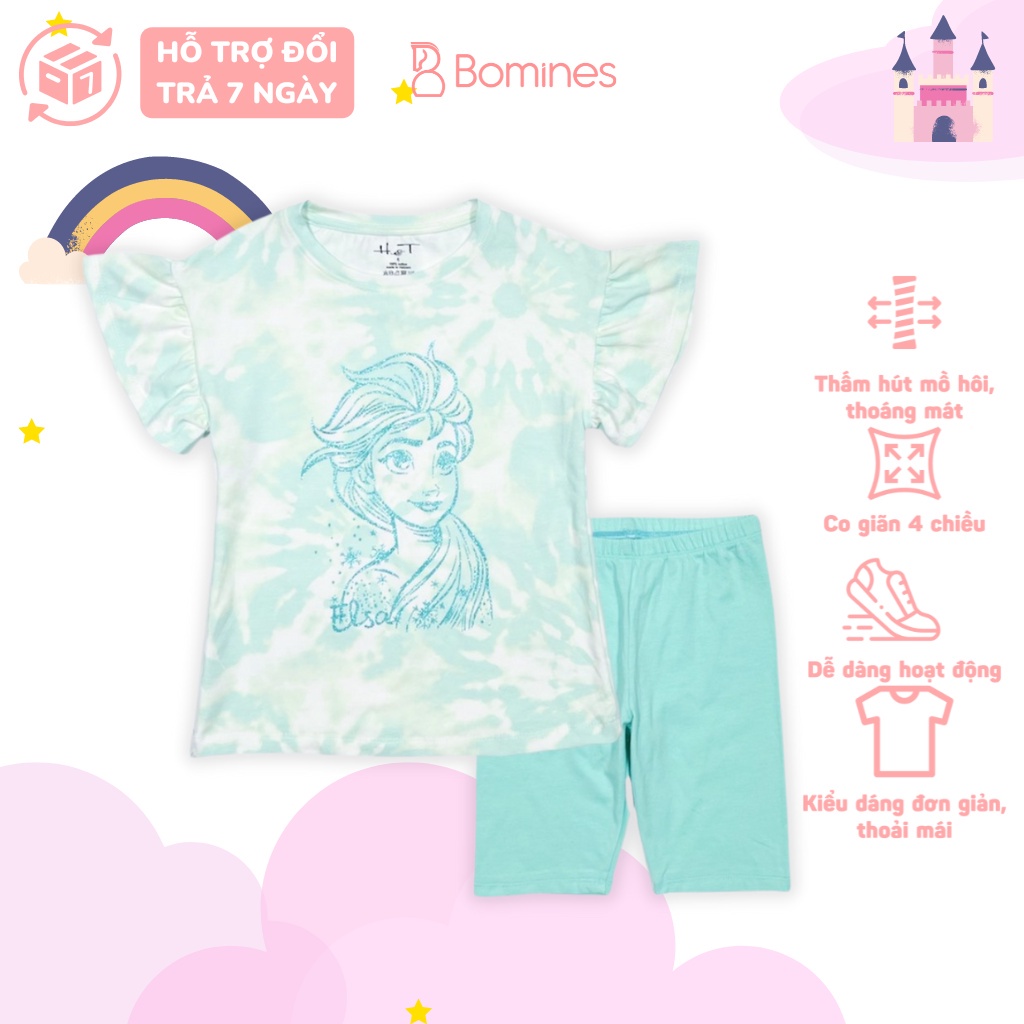 Đồ bộ bé gái công chúa Elsa BOMINES, thun cotton tay ngắn mát mẻ cho bé 3- 12 tuổi, 12- 30kg DBLBGELSATAYLOE