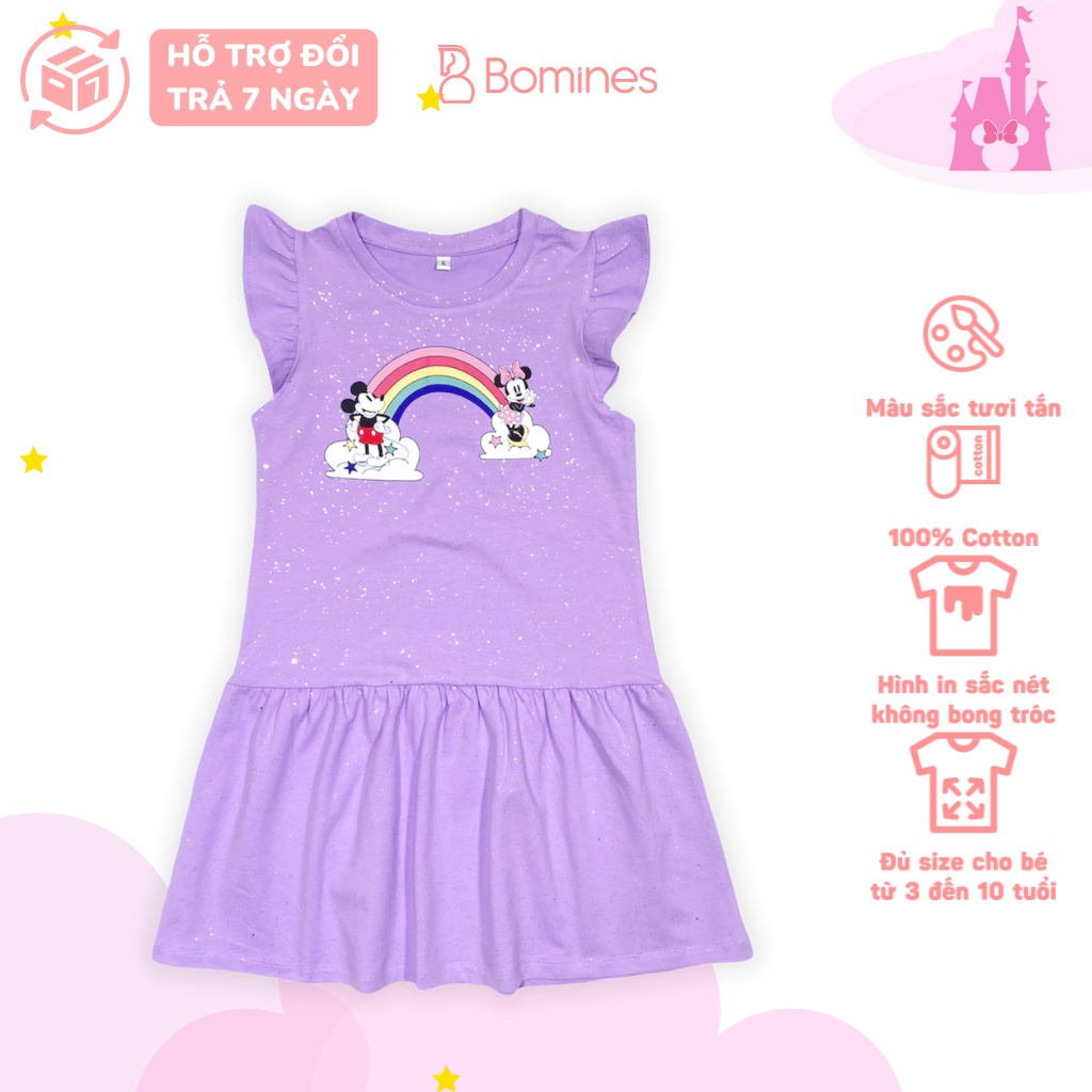 Váy bé gái Unicorn BOMINES, nhũ kim tuyến, tay cánh tiên thun cotton mát cho bé 3- 10 tuổi, 12- 30kg DTNMICKEYUNICORN