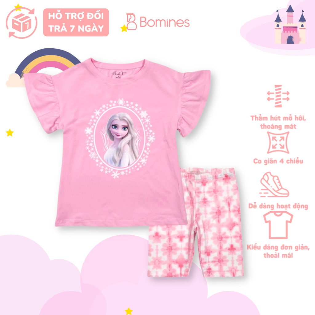 Đồ bộ bé gái công chúa Elsa BOMINES, thun cotton tay ngắn mát mẻ cho bé 3- 12 tuổi, 12- 30kg DBLBGELSATAYLOE