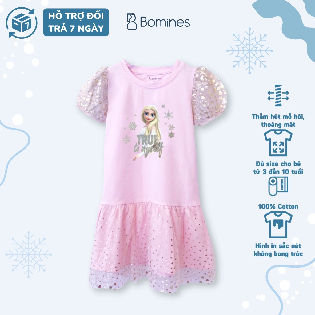 Váy bé gái công chúa Elsa BOMINES, thun cotton thoáng nhẹ cho bé 10- 28kg DTNELSALUOITAYPHONG