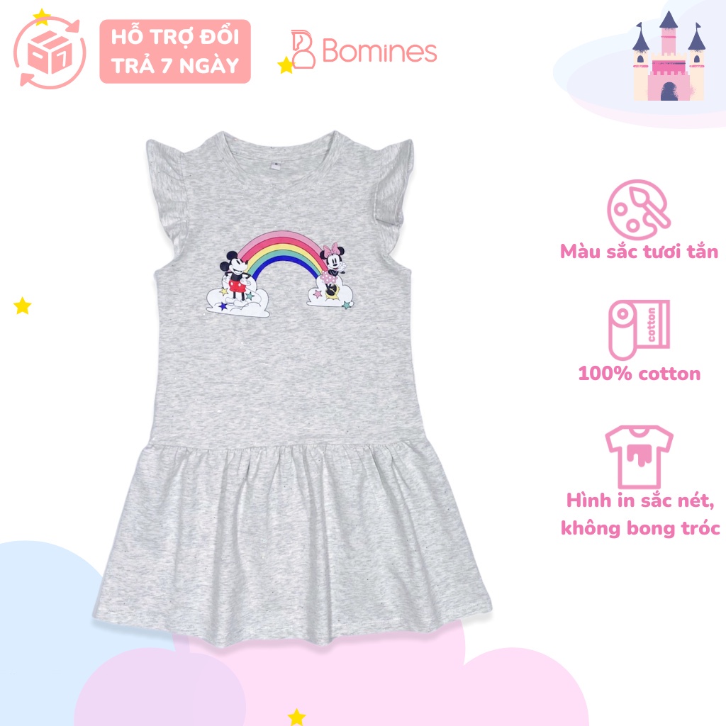 Váy bé gái Unicorn BOMINES, nhũ kim tuyến, tay cánh tiên thun cotton mát cho bé 3- 10 tuổi, 12- 30kg DTNMICKEYUNICORN