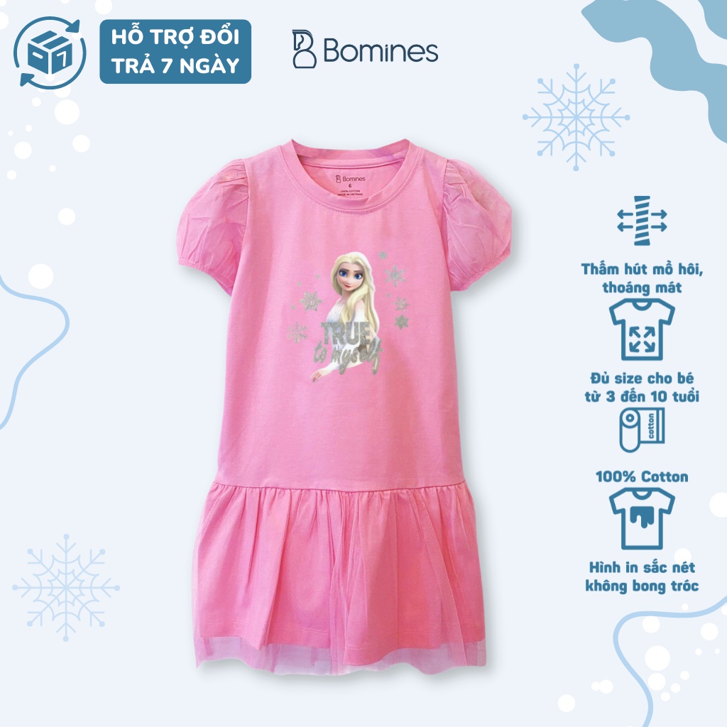 Váy bé gái công chúa Elsa BOMINES, thun cotton thoáng nhẹ cho bé 10- 28kg DTNELSALUOITAYPHONG