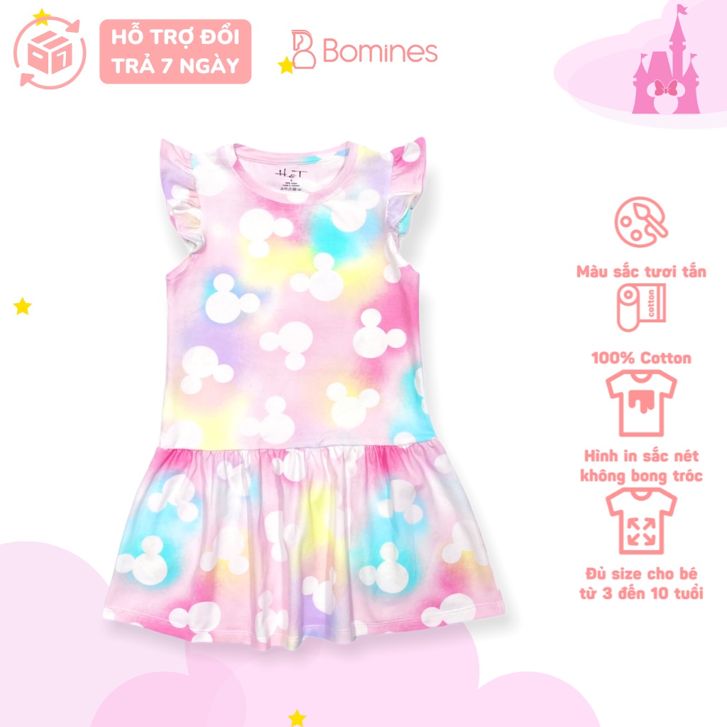 Váy bé gái Unicorn BOMINES, nhũ kim tuyến, tay cánh tiên thun cotton mát cho bé 3- 10 tuổi, 12- 30kg DTNMICKEYUNICORN