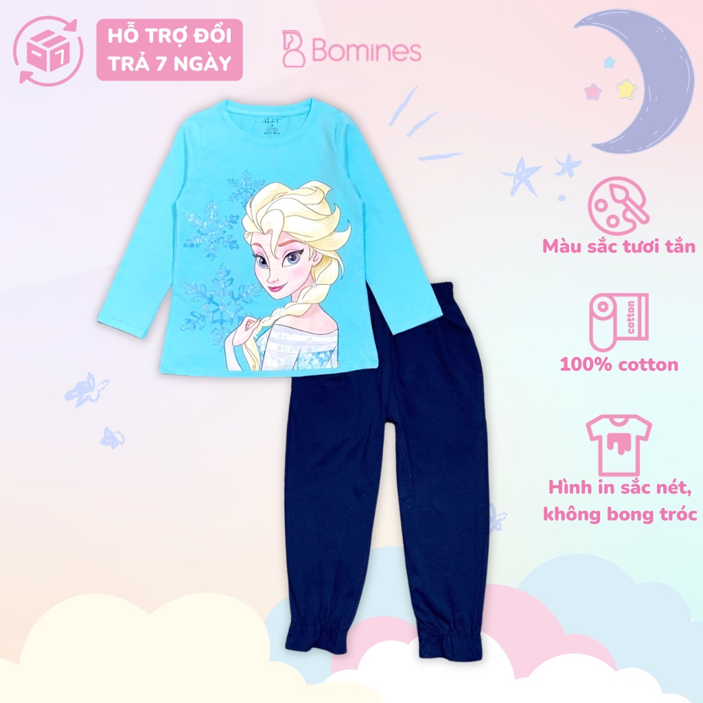 Đồ bộ công chúa Elsa BOMINES, tay dài, thun cotton 4 chiều cho bé 3- 10 tuổi, 12- 30kg DBTBGELSABONGTUYET