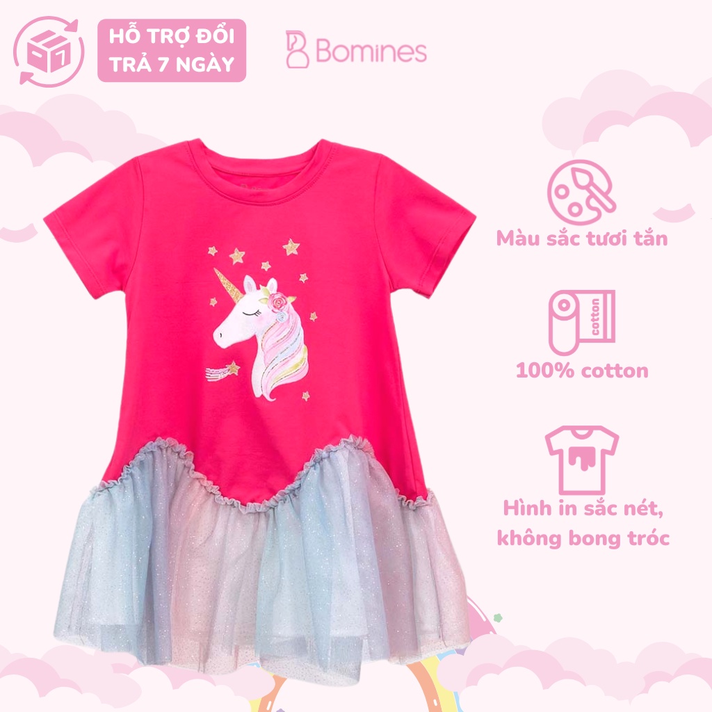 Váy bé gái công chúa Unicorn BOMINES, cotton thoáng mát đủ size cho bé 12- 36kg DAMPHOILUOILUONSONGUNICORN