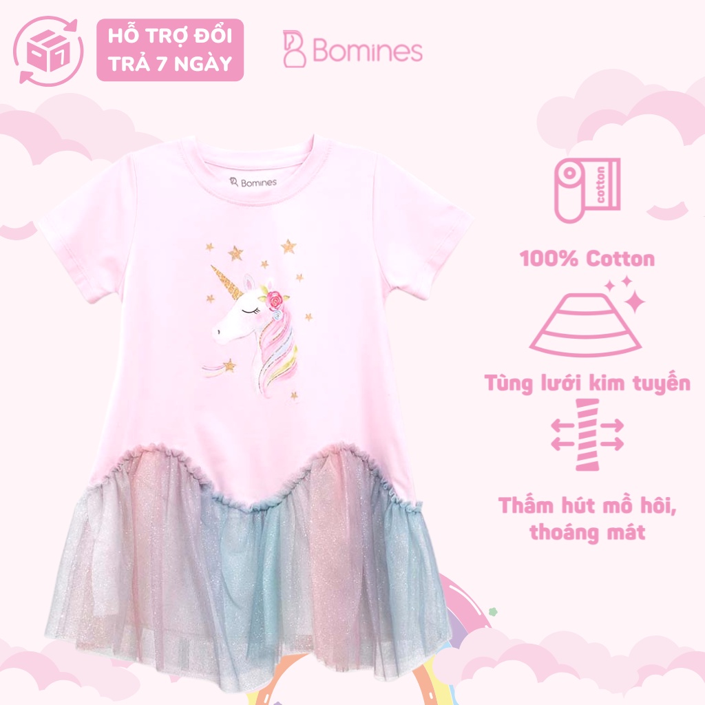 Váy bé gái công chúa Unicorn BOMINES, cotton thoáng mát đủ size cho bé 12- 36kg DAMPHOILUOILUONSONGUNICORN