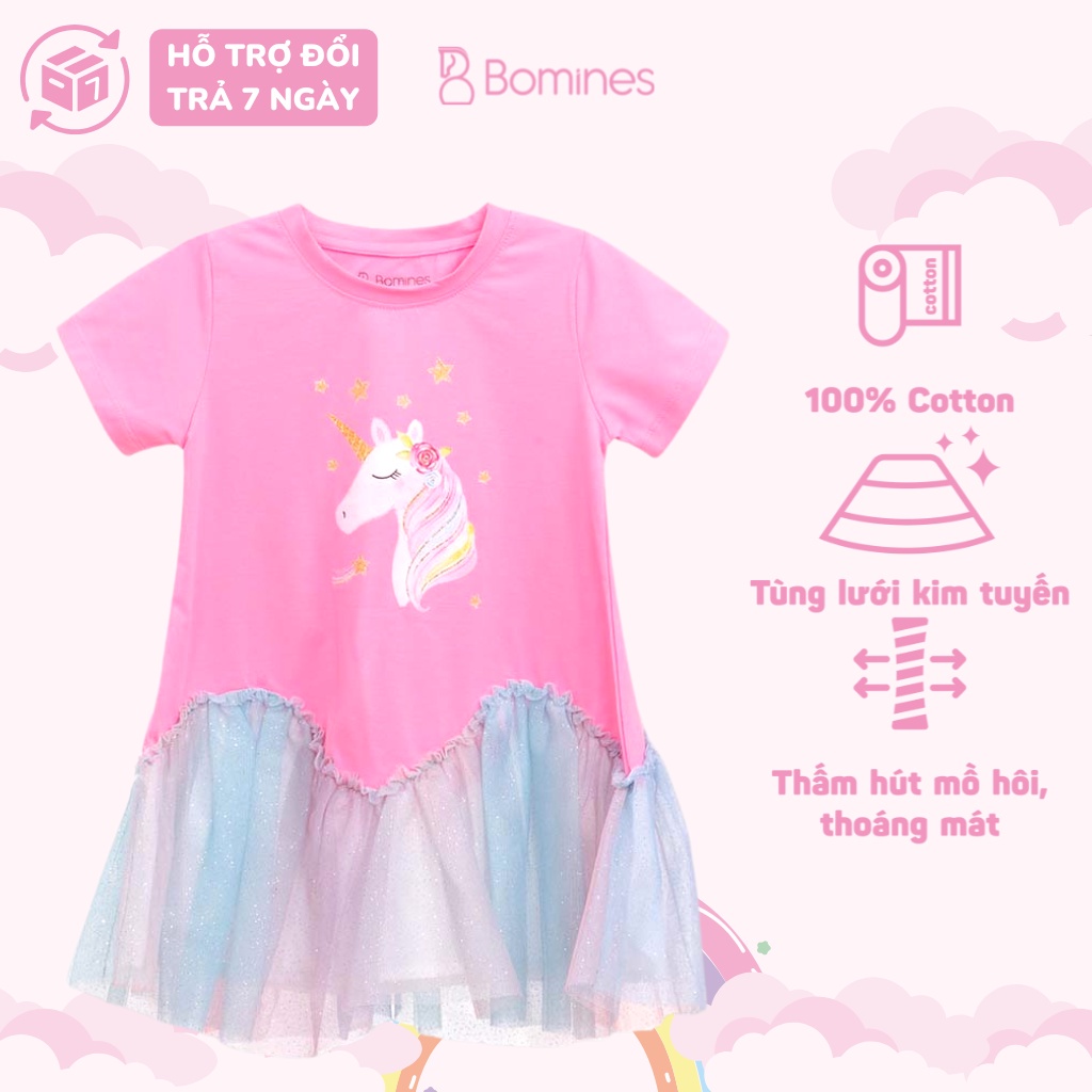 Váy bé gái công chúa Unicorn BOMINES, cotton thoáng mát đủ size cho bé 12- 36kg DAMPHOILUOILUONSONGUNICORN