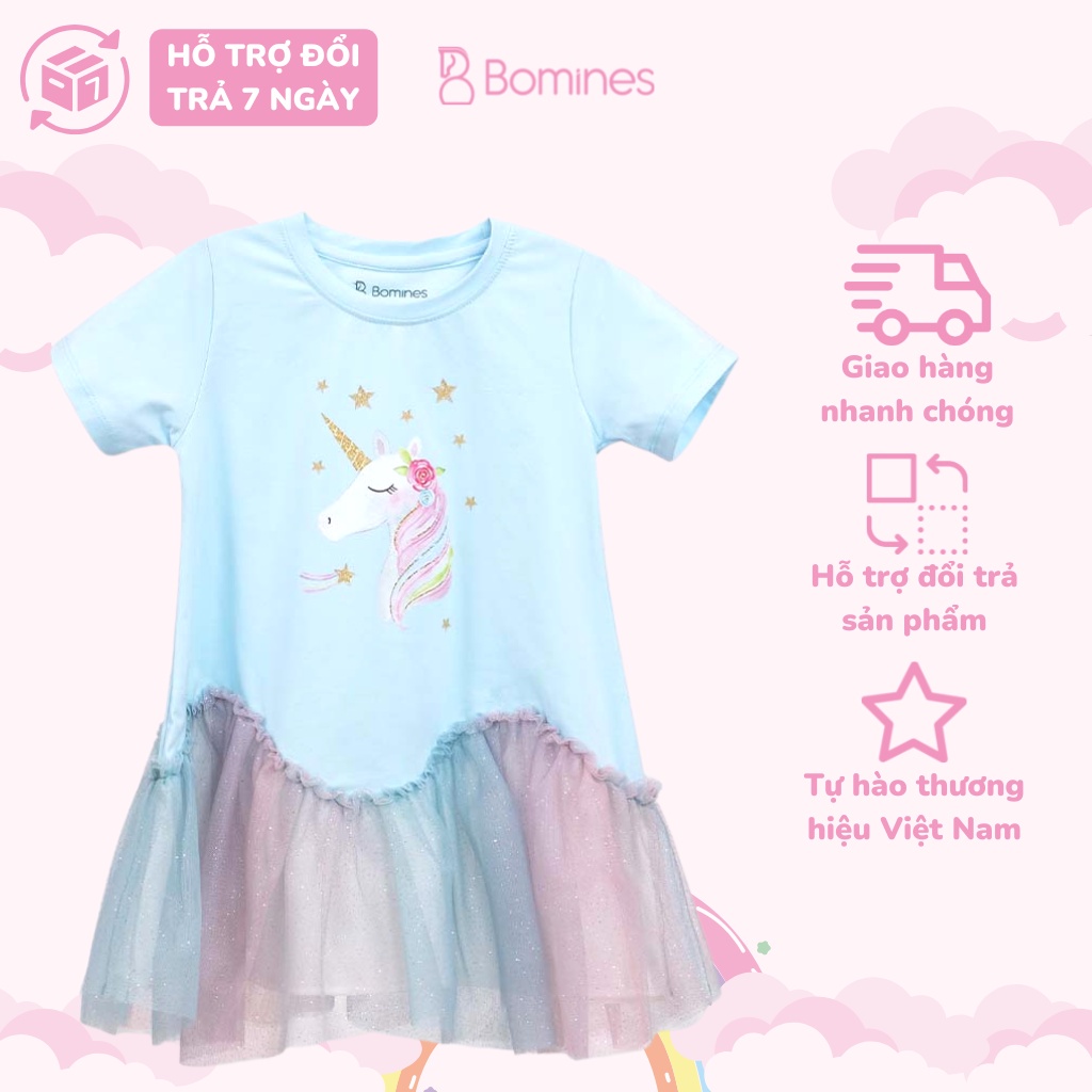 Váy bé gái công chúa Unicorn BOMINES, cotton thoáng mát đủ size cho bé 12- 36kg DAMPHOILUOILUONSONGUNICORN
