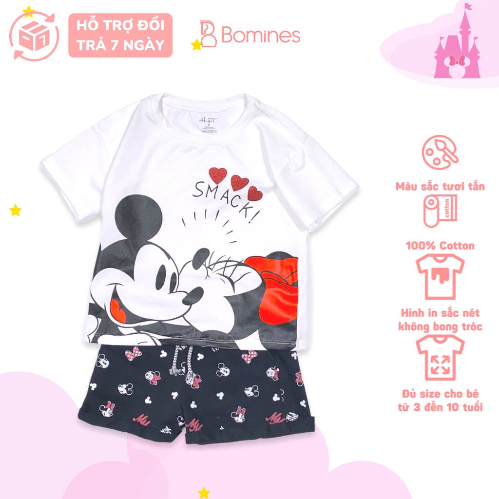 Đồ bộ cho bé gái Mickey Minnie BOMINES, mặc nhà, vải cotton thoáng mát 14- 36kg DOBOSHORTMICKEYMINNIE