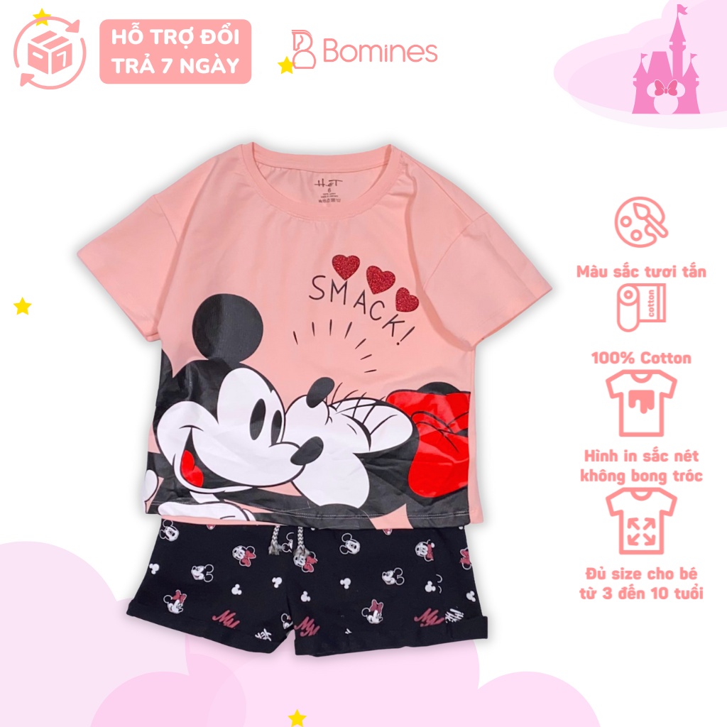 Đồ bộ cho bé gái Mickey Minnie BOMINES, mặc nhà, vải cotton thoáng mát 14- 36kg DOBOSHORTMICKEYMINNIE