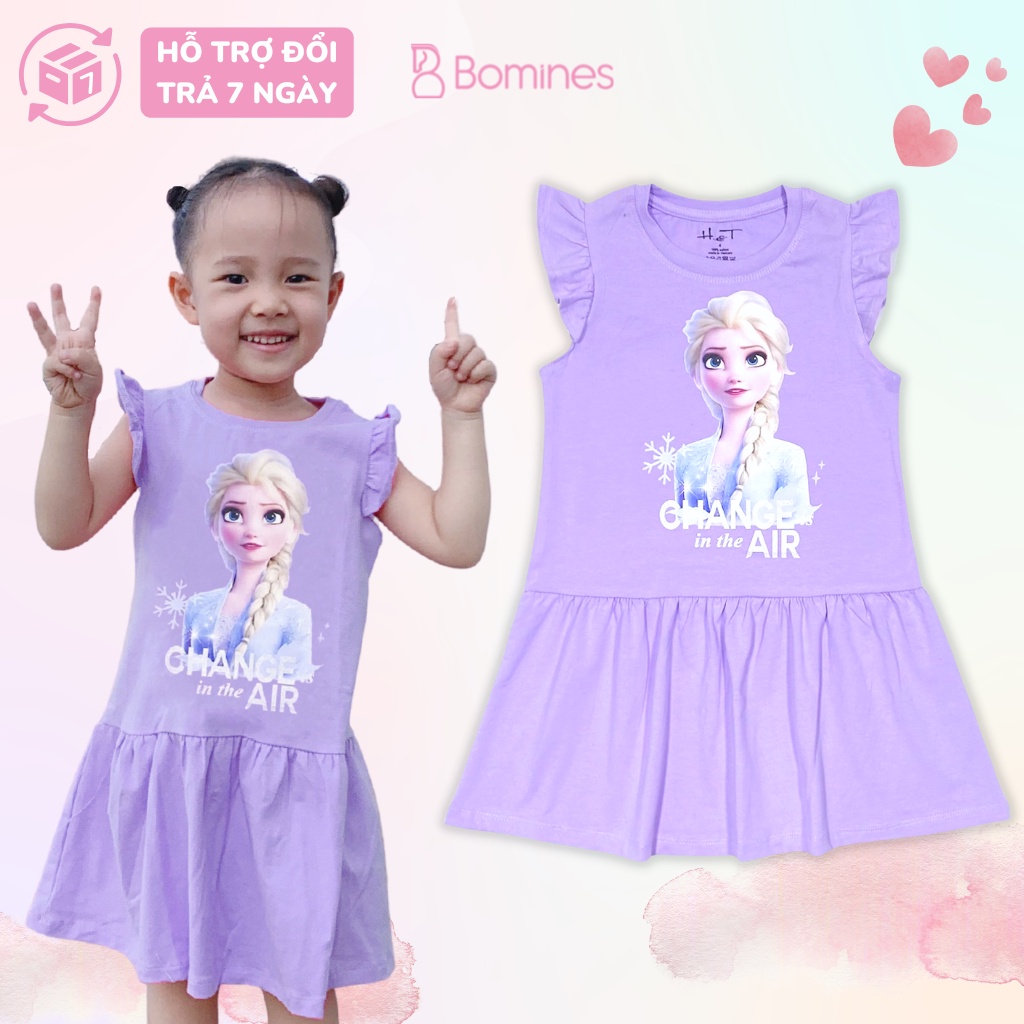 Váy bé gái công chúa Elsa BOMINES, tay cánh tiên, thun cotton thoáng mát cho bé 3- 10 tuổi, 12- 30kg DTNELSAAIRCANHTIEN