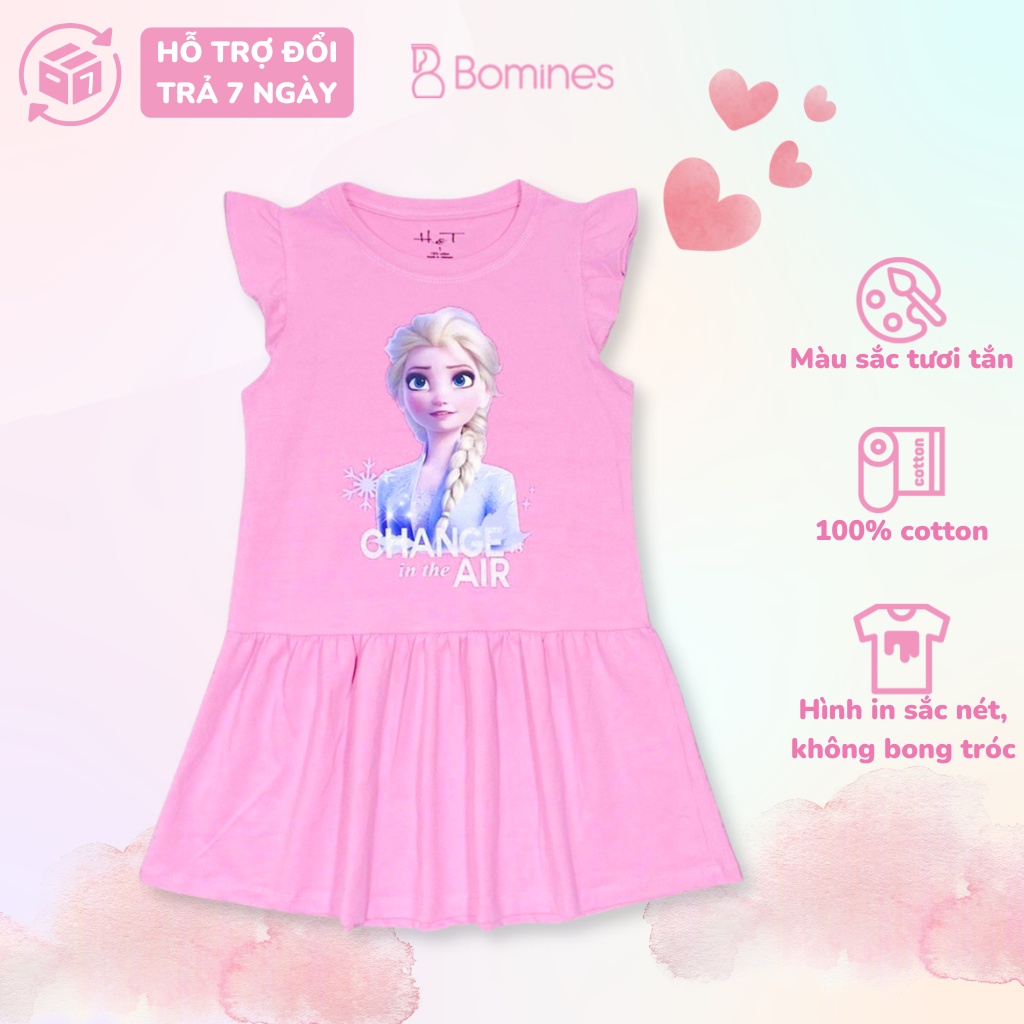 Váy bé gái công chúa Elsa BOMINES, tay cánh tiên, thun cotton thoáng mát cho bé 3- 10 tuổi, 12- 30kg DTNELSAAIRCANHTIEN