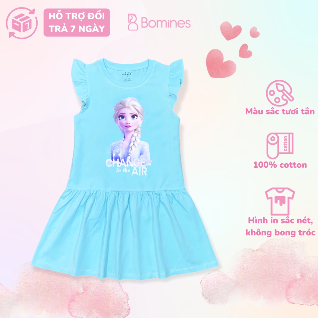 Váy bé gái công chúa Elsa BOMINES, tay cánh tiên, thun cotton thoáng mát cho bé 3- 10 tuổi, 12- 30kg DTNELSAAIRCANHTIEN