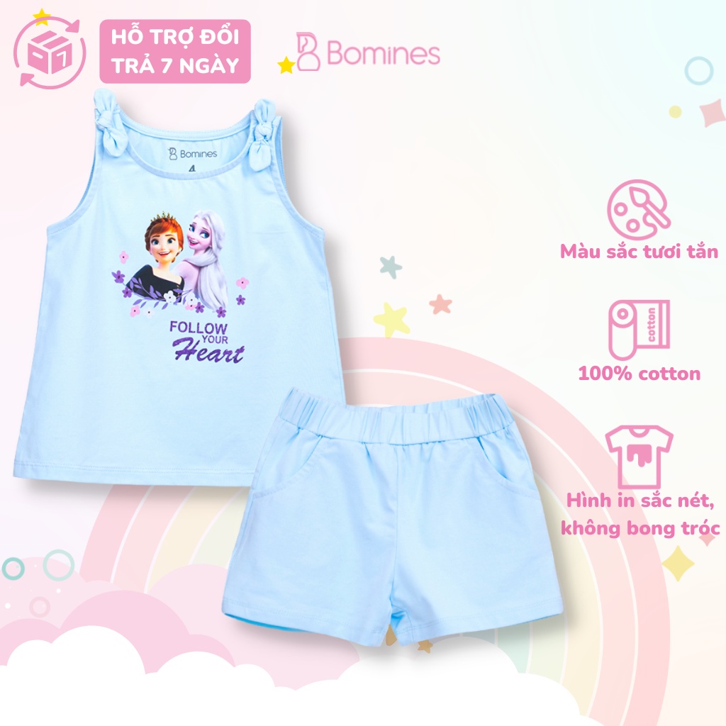 Đồ bộ bé gái mặc nhà Elsa BOMINES thun cotton hình in hoạt hình xinh xắn 3- 10 tuổi, 12- 30kg DOBONOVAIELSAANNA