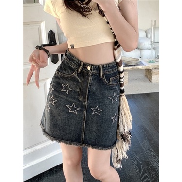 Jiashucheng Chân Váy Denim Ngắn Dáng Chữ a Lưng Cao Thêu Ngôi Sao Phong Cách Mỹ Thời Trang Mùa Hè 2023 Dành Cho Bạn Nữ