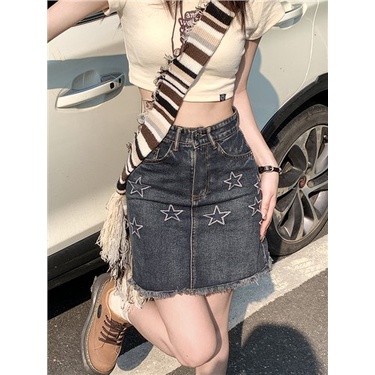 Jiashucheng Chân Váy Denim Ngắn Dáng Chữ a Lưng Cao Thêu Ngôi Sao Phong Cách Mỹ Thời Trang Mùa Hè 2023 Dành Cho Bạn Nữ