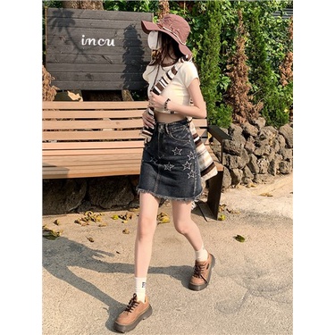 Jiashucheng Chân Váy Denim Ngắn Dáng Chữ a Lưng Cao Thêu Ngôi Sao Phong Cách Mỹ Thời Trang Mùa Hè 2023 Dành Cho Bạn Nữ