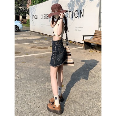 Jiashucheng Chân Váy Denim Ngắn Dáng Chữ a Lưng Cao Thêu Ngôi Sao Phong Cách Mỹ Thời Trang Mùa Hè 2023 Dành Cho Bạn Nữ