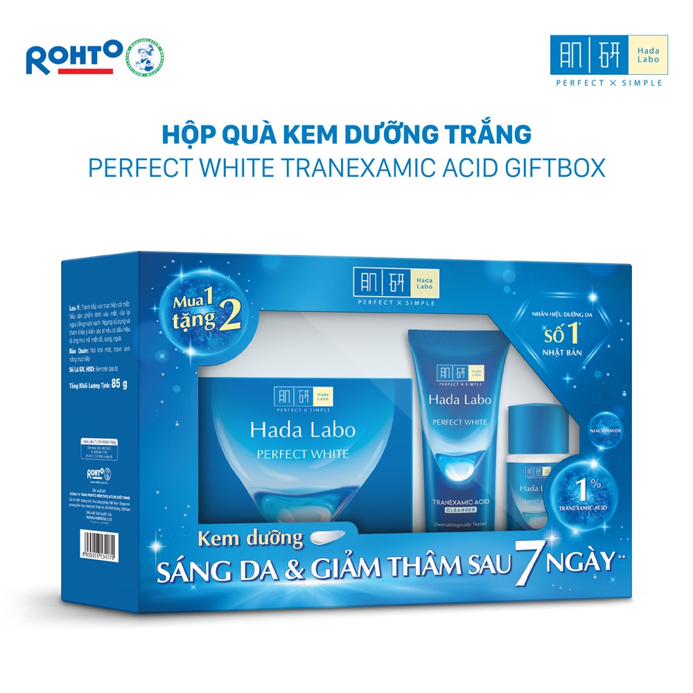 Hộp quà Kem dưỡng trắng da tối ưu Hada Labo Perfect White Tranexamic Acid Cream 50g (TẶNG Cleanser 15g + Lotion 20ml)