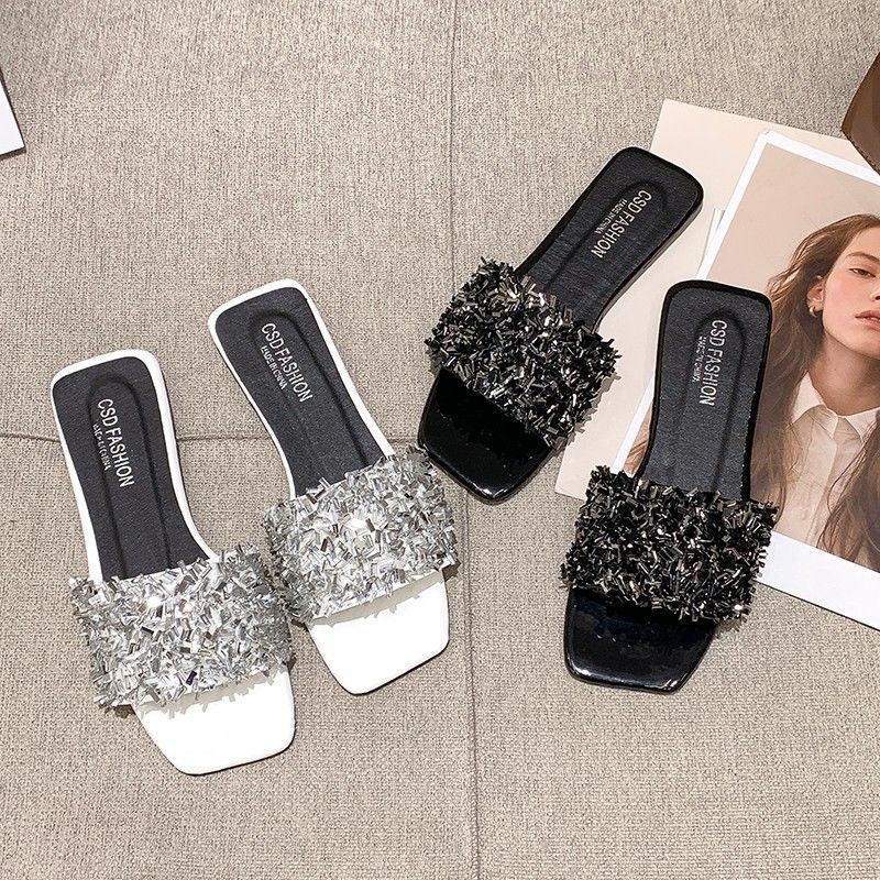 Dép Sandal Hở Ngón Đế Bằng Đính Kim Sa Lấp Lánh Thoải Mái Thời Trang Mùa Hè