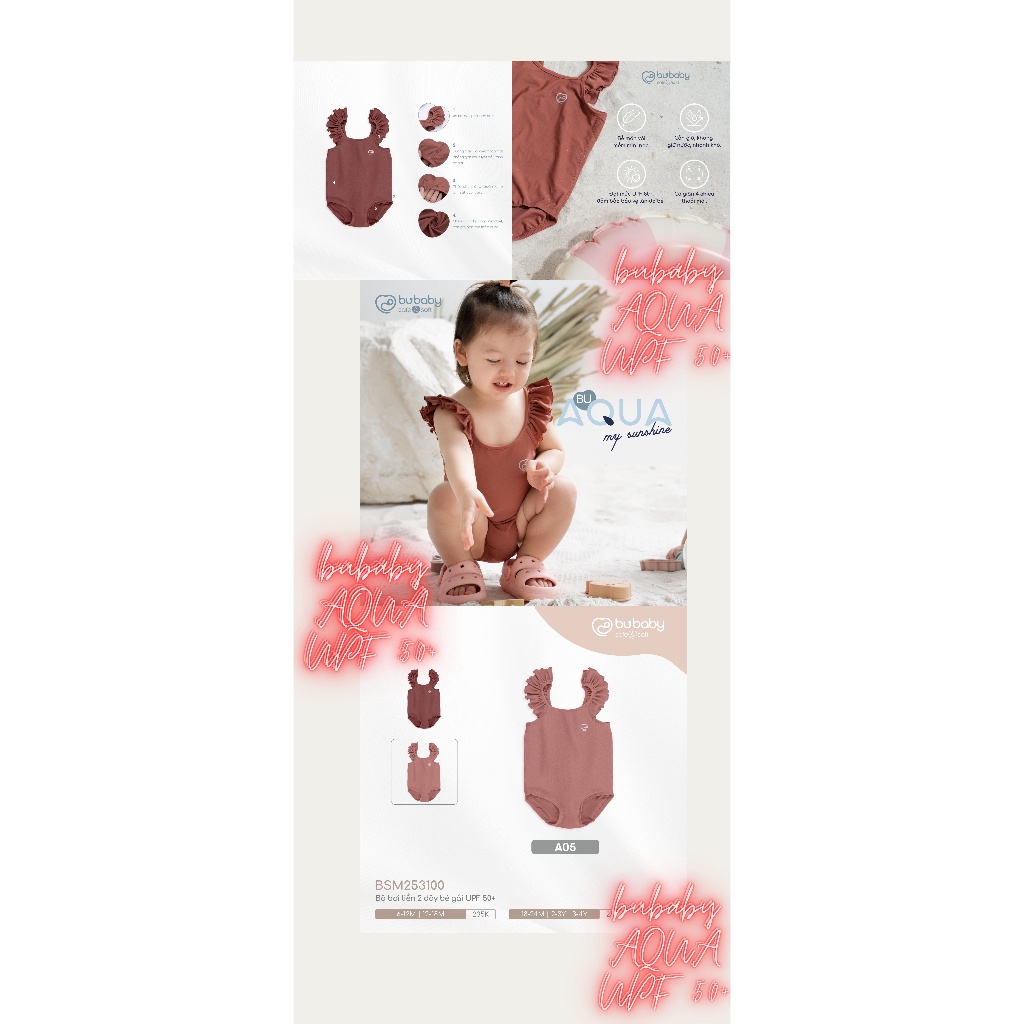 |BuBaby| Bộ đồ bơi liền 2 dây cho bé gái - Bu Baby Aqua 2023 UPF 50+