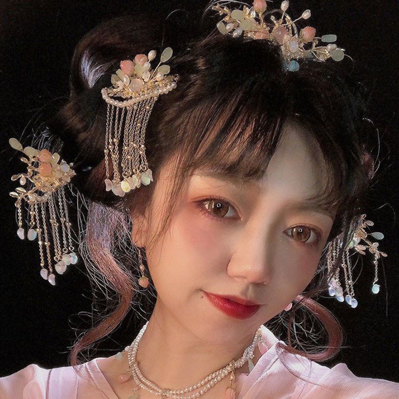 Bộ Kẹp Tóc Dạng Lắc Đính Vương Miện Phối Tua Rua Dài Phong Cách Hanfu Cổ Điển Cho Nữ