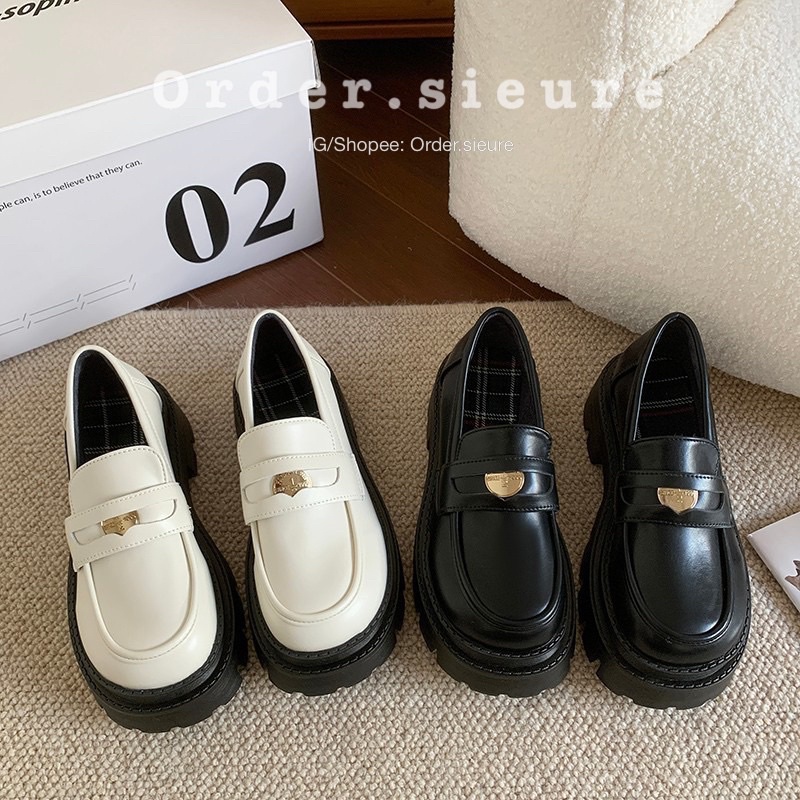 Giày Loafer Đồng Tiền Lót Caro Đế Cao Phong Cách Tiểu Thư (2 Màu Đen/Trắng)