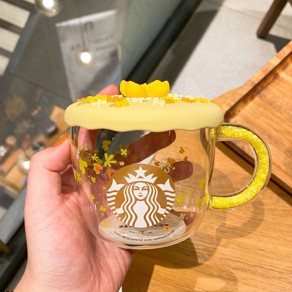 Cốc Uống Cà Phê Starbucks Bằng Thủy Tinh Họa Tiết Hoa Chi Mộc Tê Vàng Kèm Ống Hút 2020