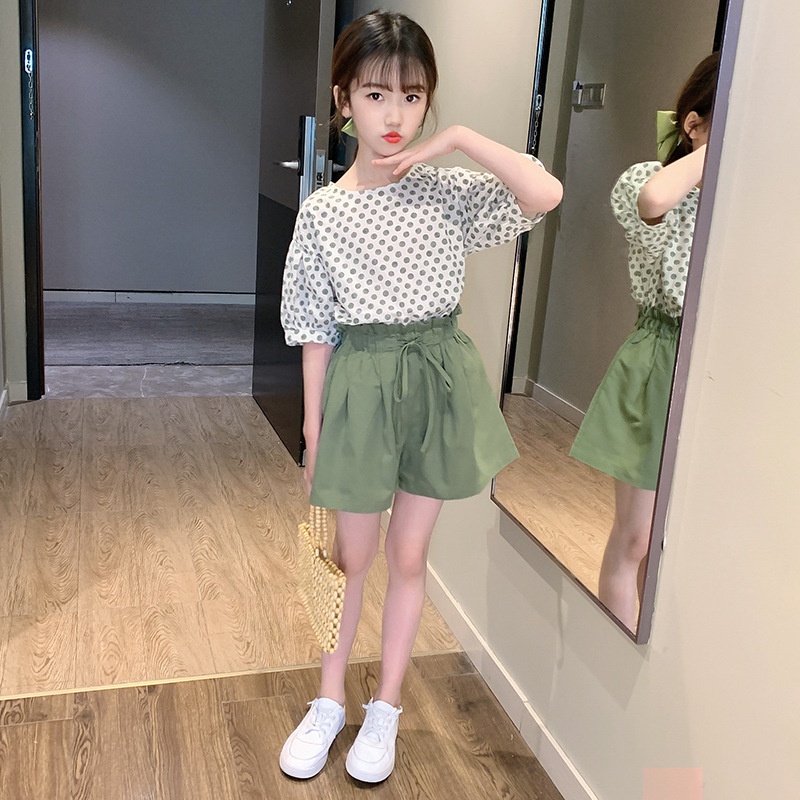¤△♂Bộ Áo Thun Tay Ngắn Họa Tiết Chấm Bi Màu Xanh Lá Thời Trang Mùa Hè 2023 Dành Cho Bé Gái