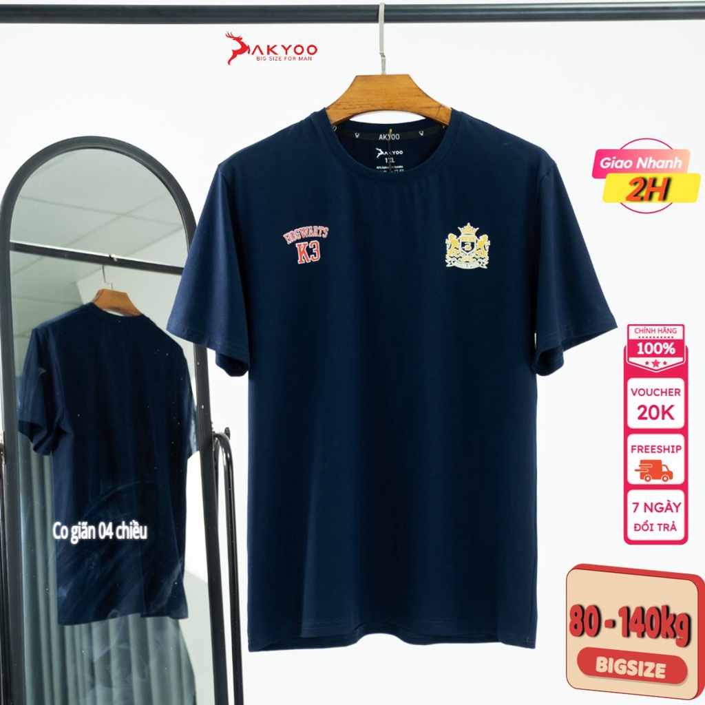Áo thun nam big size Akyoo từ 80kg - 140kg - Chất liệu cotton thoáng mát, thấm hút mồ hôi tốt - AT XANH DEN